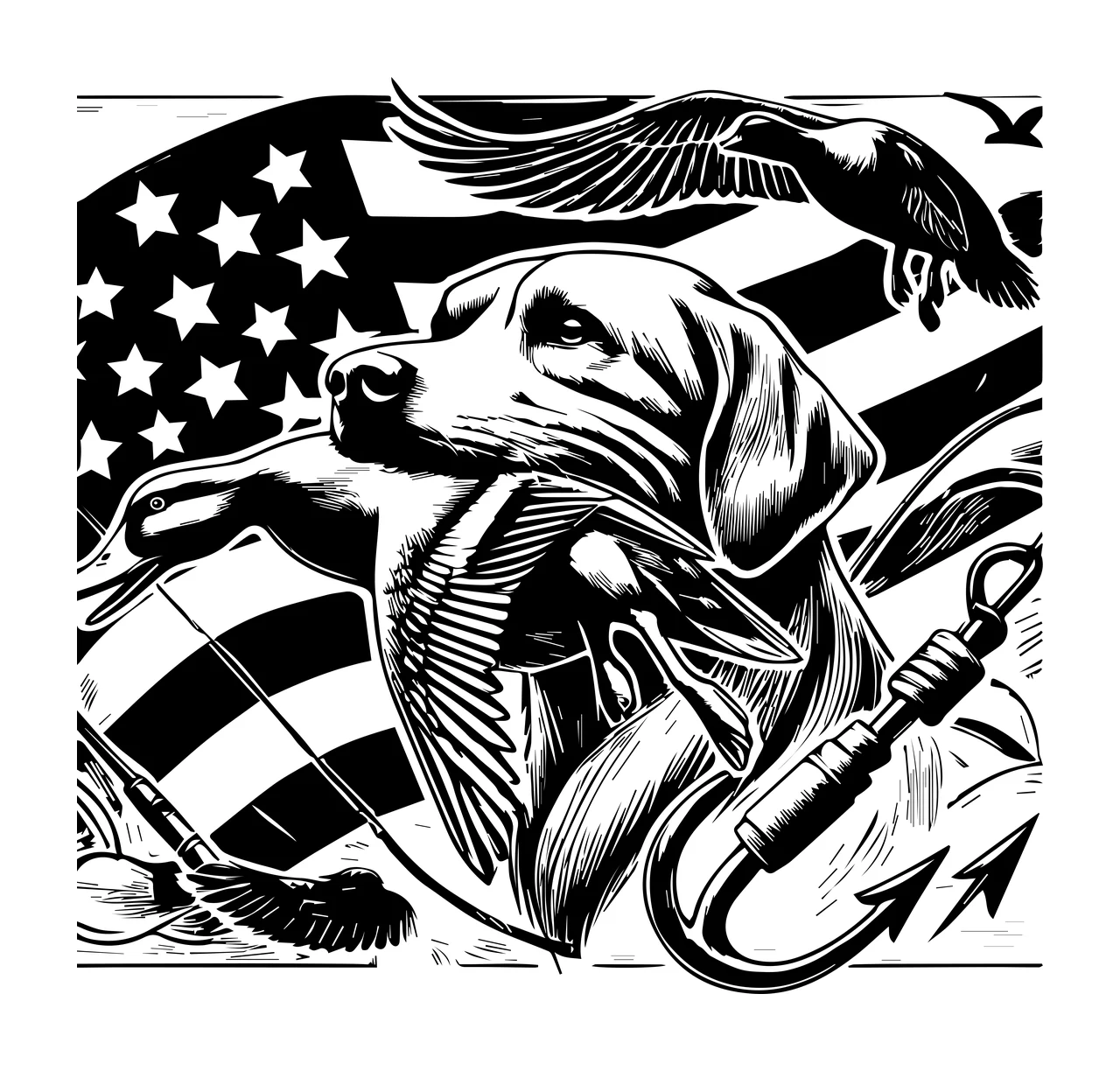Duck Flag Dog holding hook graphic engraving black white plain