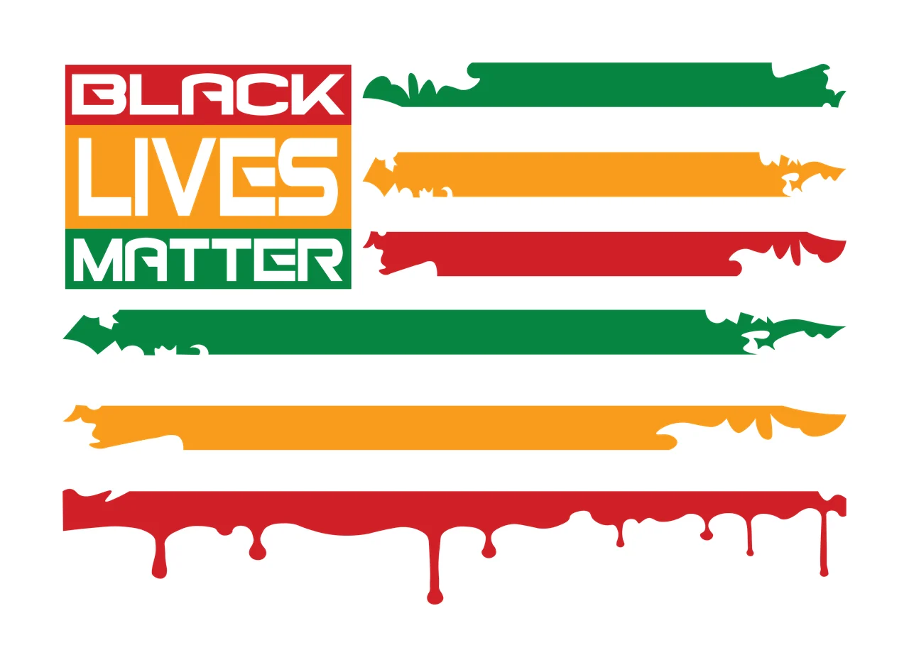 BLACK LIVES MATTER Typography Design with Black Lives Matter text, distressed stripes, paint drips and color blocks in red, yellow and green