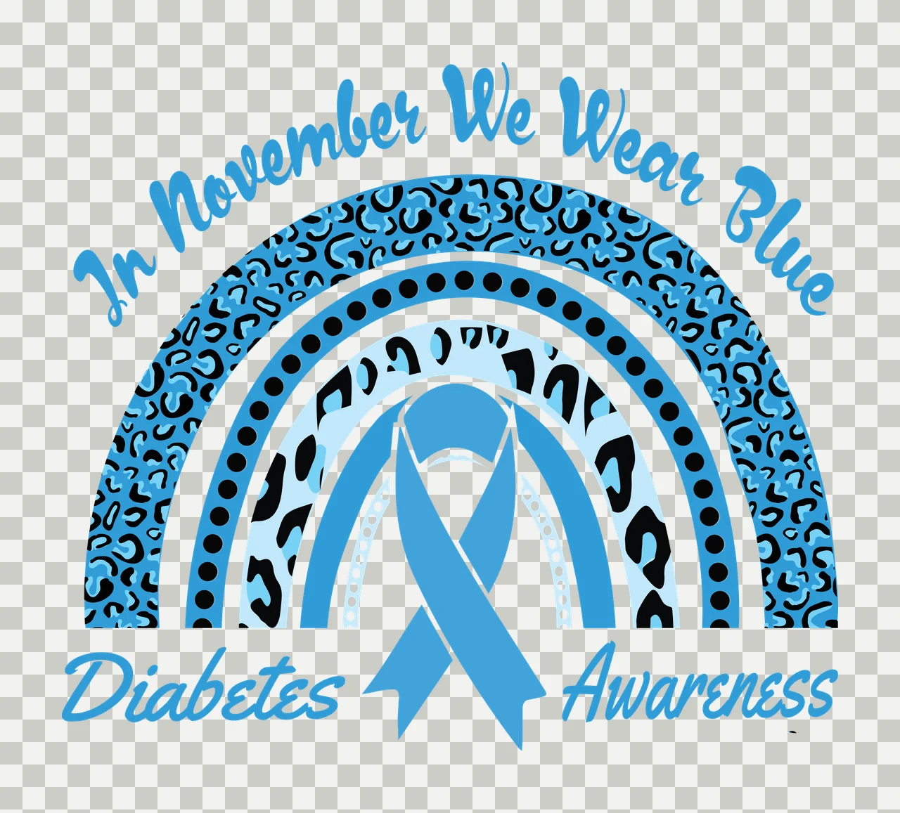 In November We Wear Blue Diabetes Awareness Blue awareness ribbon inside multi-layered rainbow arch Design with leopard print pattern, black polka dots and white inner rings transparency and detail preview thumbnail