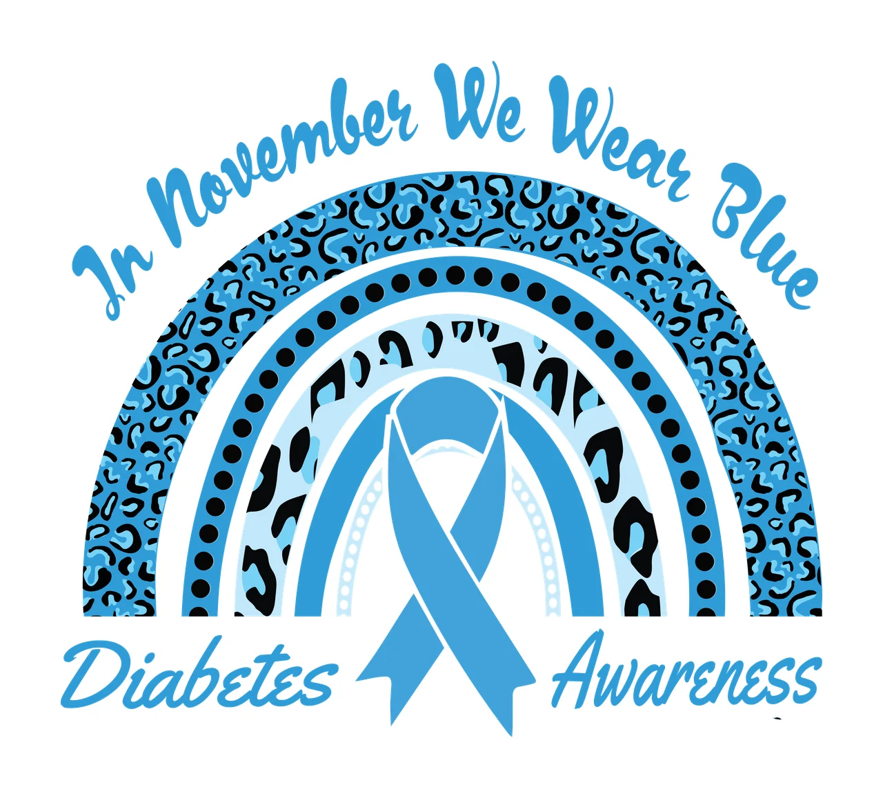 In November We Wear Blue Diabetes Awareness Blue awareness ribbon inside multi-layered rainbow arch Design with leopard print pattern, black polka dots and white inner rings