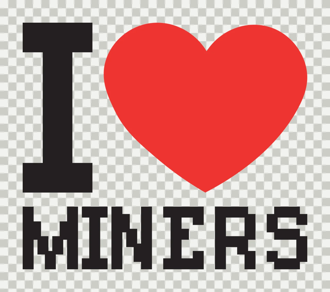 I ❤️ MINERS Typography Design with black letter 'I', red heart and black pixelated word 'MINERS' in white transparency and detail preview thumbnail