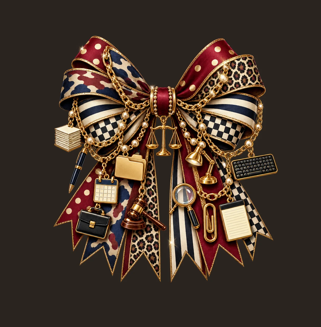 Paralegal Bow Charm PNG, Themed Gold Chain Charms, Coquette Ribbon Sublimation Design, Transparent Digital Download contrast preview thumbnail