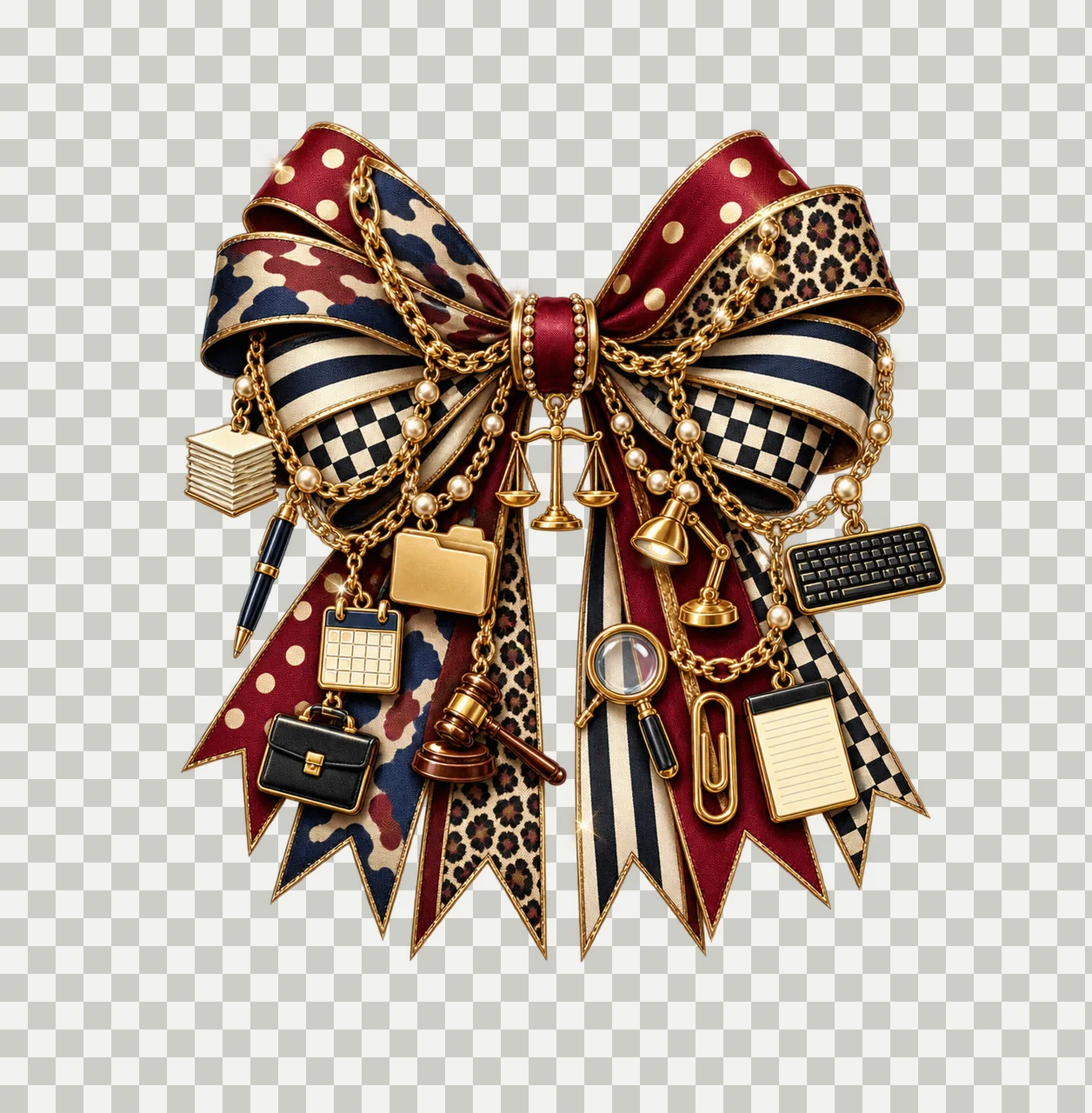 Paralegal Bow Charm PNG, Themed Gold Chain Charms, Coquette Ribbon Sublimation Design, Transparent Digital Download transparency and detail preview thumbnail