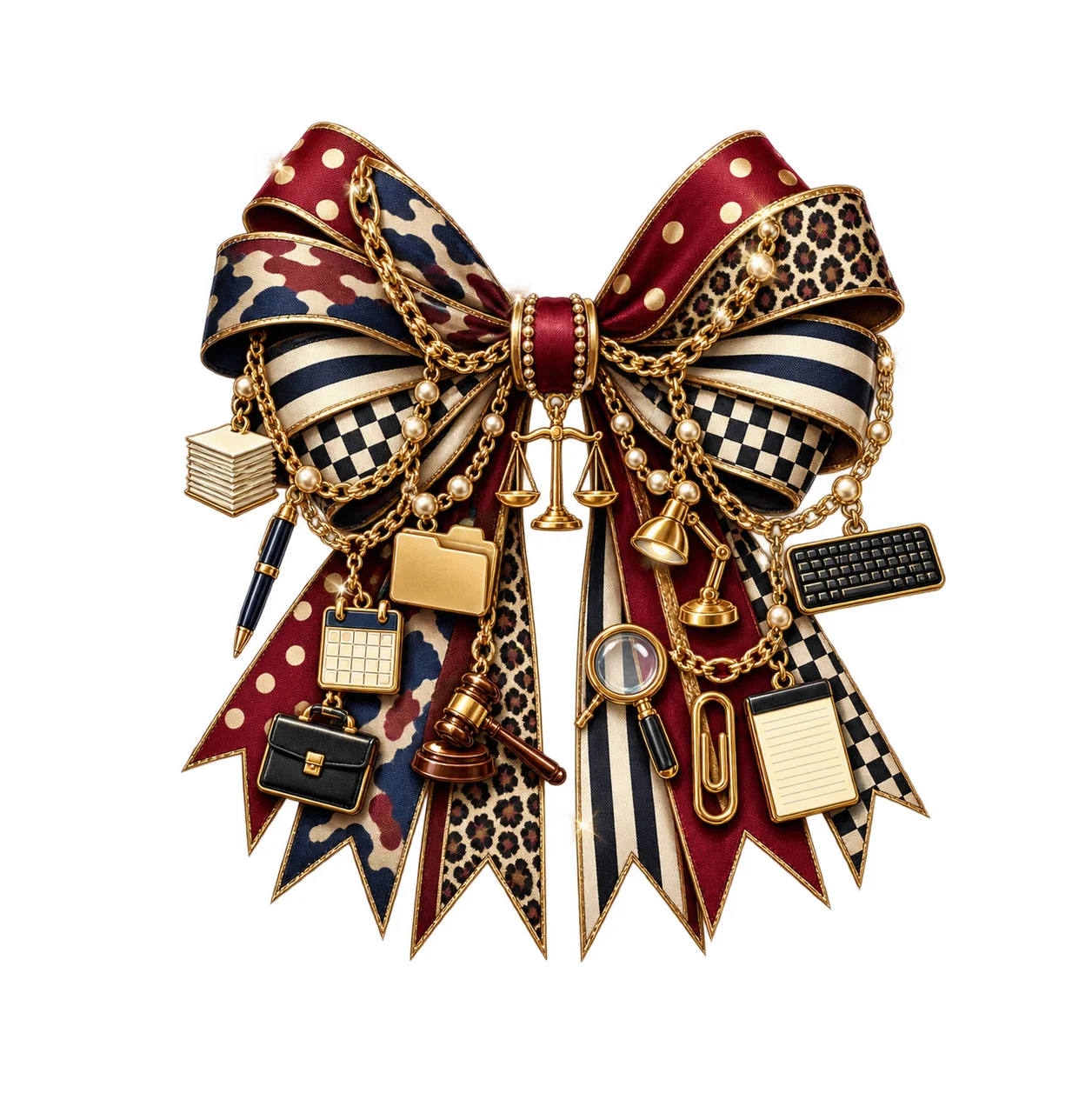Paralegal Bow Charm PNG, Themed Gold Chain Charms, Coquette Ribbon Sublimation Design, Transparent Digital Download