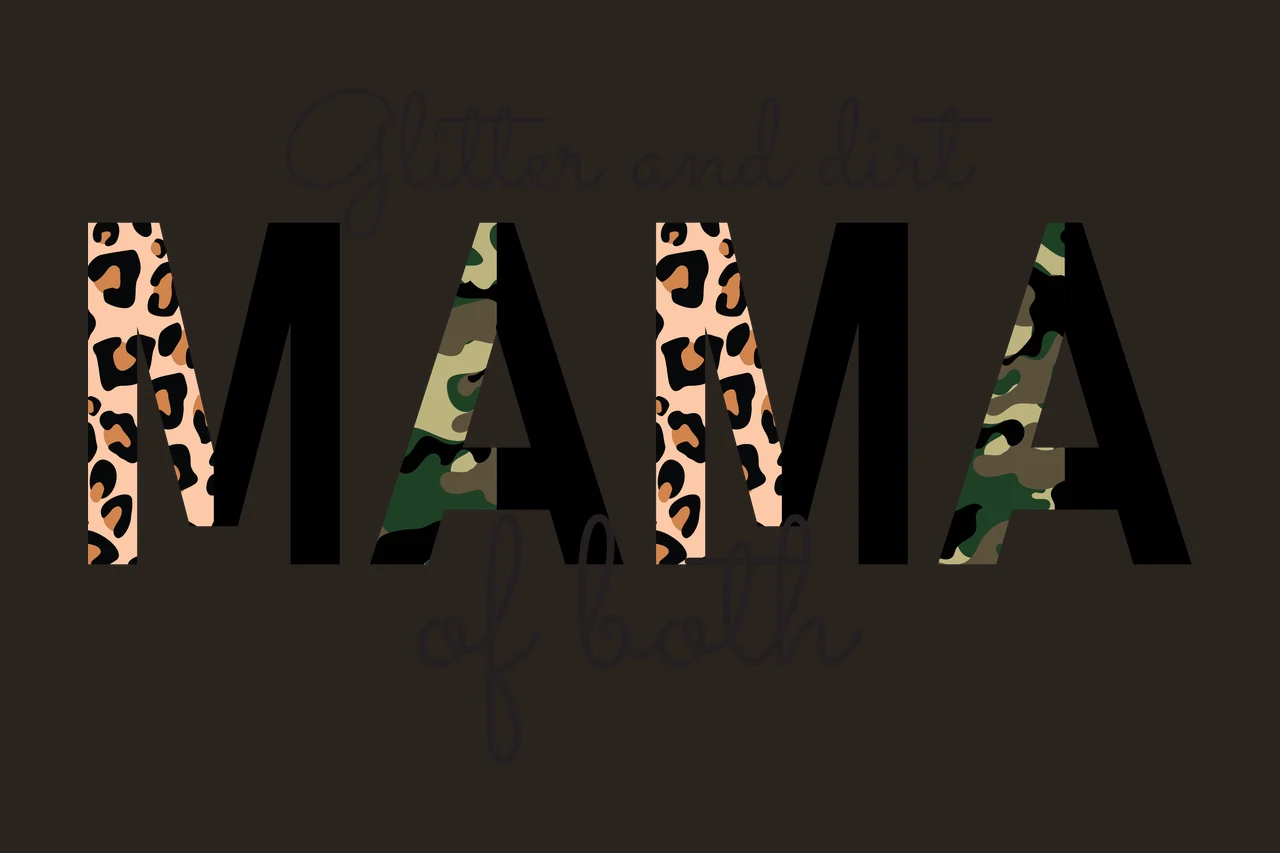 Glitter and dirt MAMA of both Typography Design with Glitter and dirt text and MAMA text with leopard and camouflage patterns in black, tan and brown contrast preview thumbnail