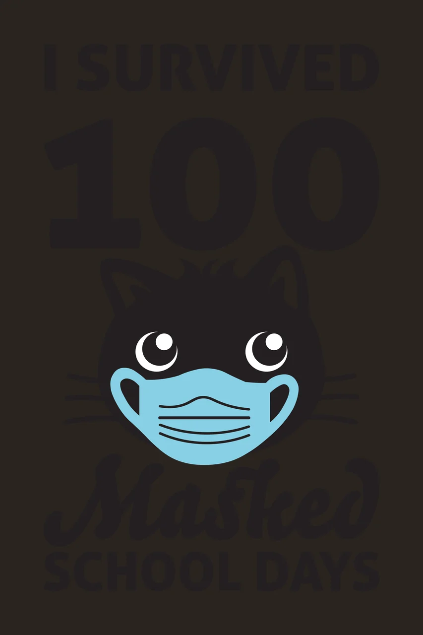 I SURVIVED 100 Masked SCHOOL DAYS Black cartoon cat wearing a blue surgical mask Design with black cat face, blue medical mask and text 'I SURVIVED' in light blue contrast preview thumbnail