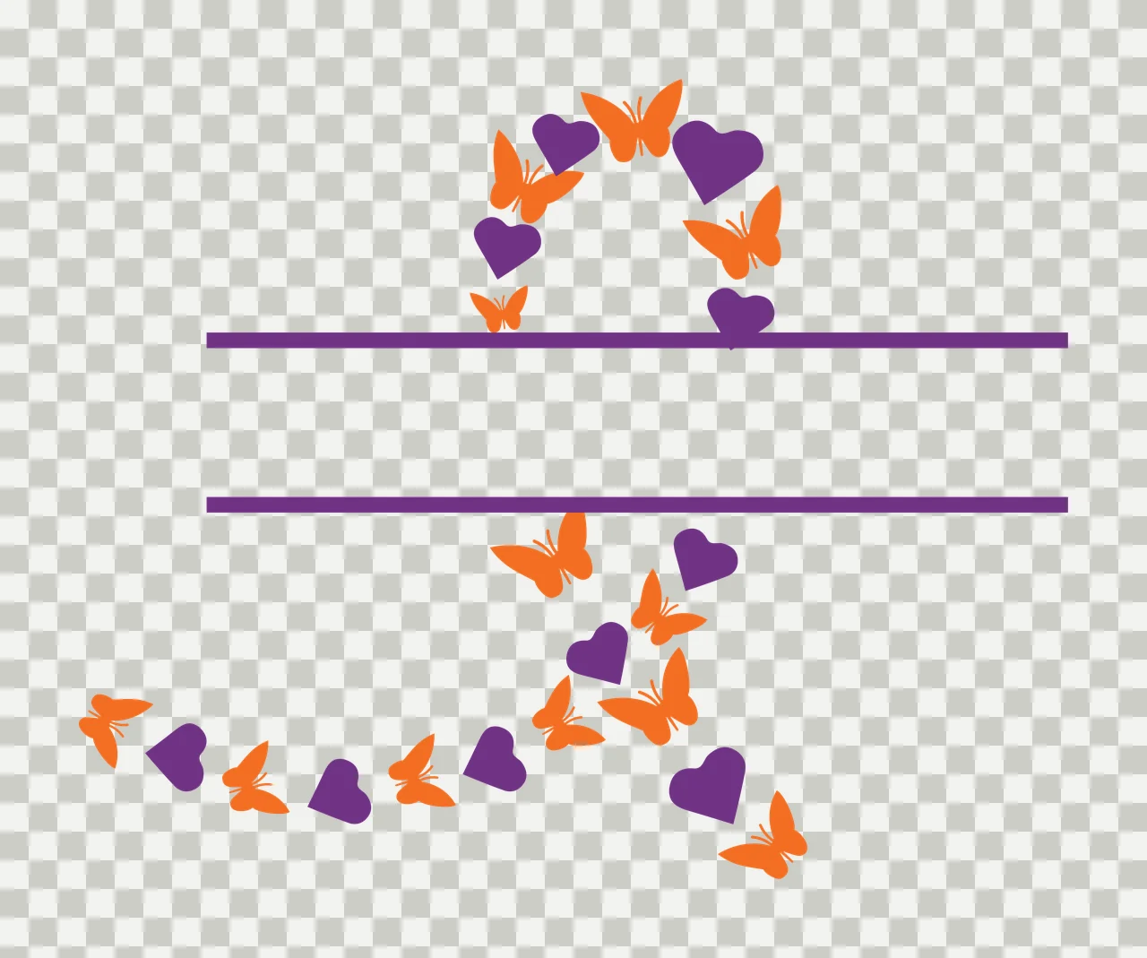 Butterfly and heart decorative motif with horizontal dividers Illustration with orange butterflies, purple hearts and two purple horizontal lines transparency and detail preview thumbnail