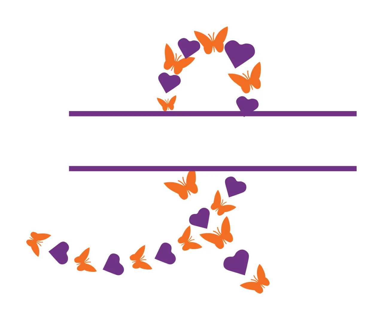 Butterfly and heart decorative motif with horizontal dividers Illustration with orange butterflies, purple hearts and two purple horizontal lines