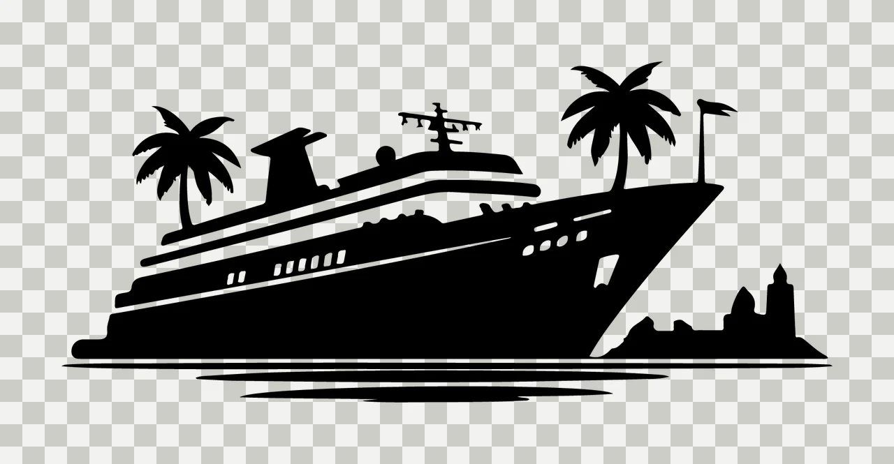 Cruise Ship Silhouette With Palm Trees floating water black transparency and detail preview thumbnail