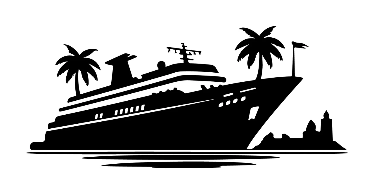 Cruise Ship Silhouette With Palm Trees floating water black