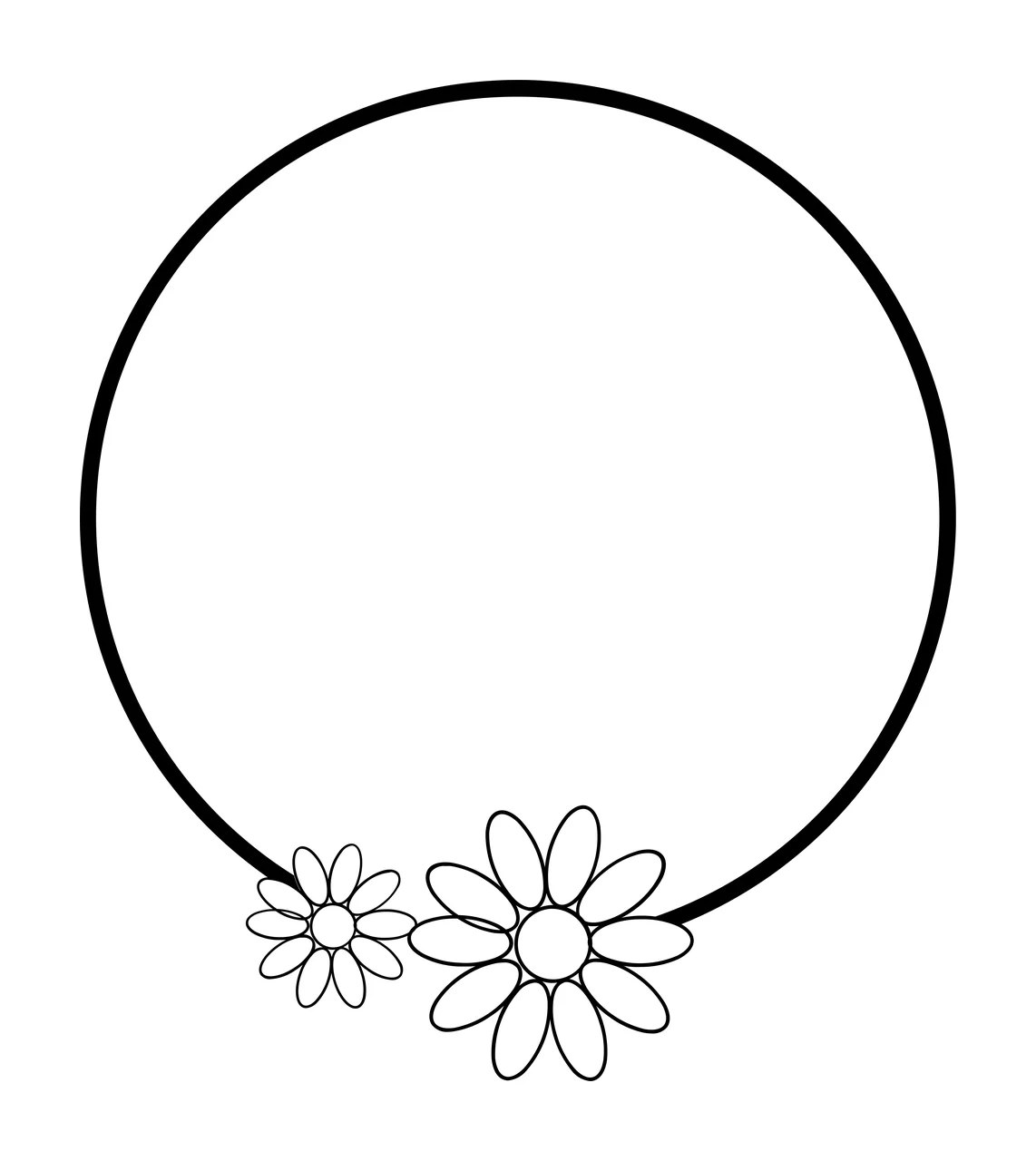 Line Art Illustration of Floral circle frame with black circle outline, two daisy flowers, petals and flower centers in white