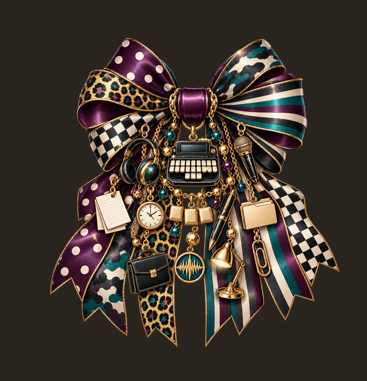 Court Reporter Bow Charm PNG, Themed Gold Chain Charms, Coquette Ribbon Sublimation Design, Transparent Digital Download contrast preview thumbnail