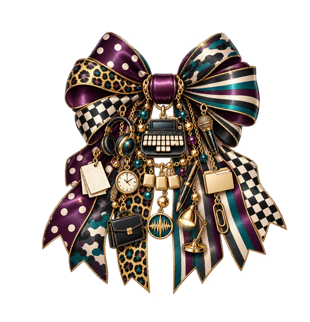 Court Reporter Bow Charm PNG, Themed Gold Chain Charms, Coquette Ribbon Sublimation Design, Transparent Digital Download