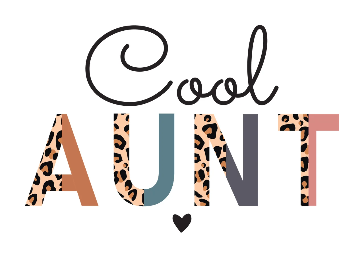 Cool AUNT Typography Design with black cursive 'Cool', leopard-print letters 'A' 'U' 'N' 'T', solid color blocks within letters tan teal gray pink and small black heart below 'T' in black spots
