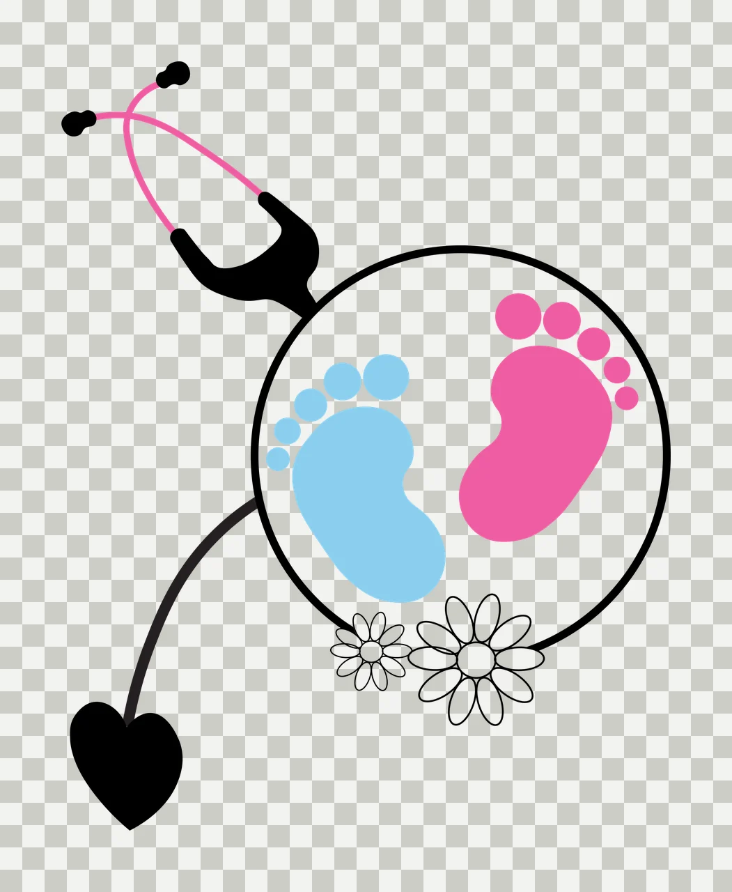 Stethoscope with magnifying lens showing baby footprints and daisies Illustration with pink stethoscope, black earpieces, black tubing and black heart in blue transparency and detail preview thumbnail