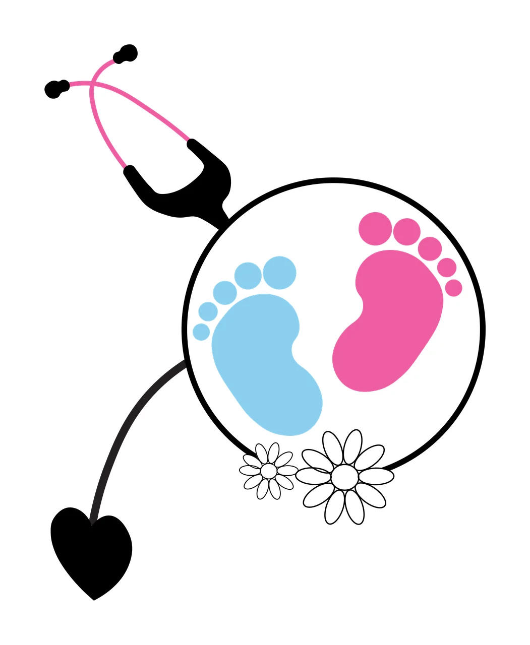 Stethoscope with magnifying lens showing baby footprints and daisies Illustration with pink stethoscope, black earpieces, black tubing and black heart in blue