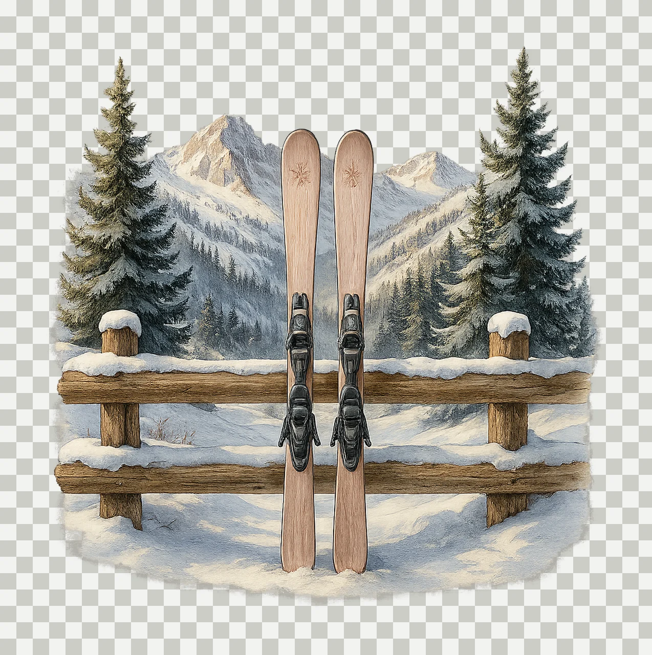 Pair of Skis in Snowy Scenery Winter Artwork Skiing transparency and detail preview thumbnail
