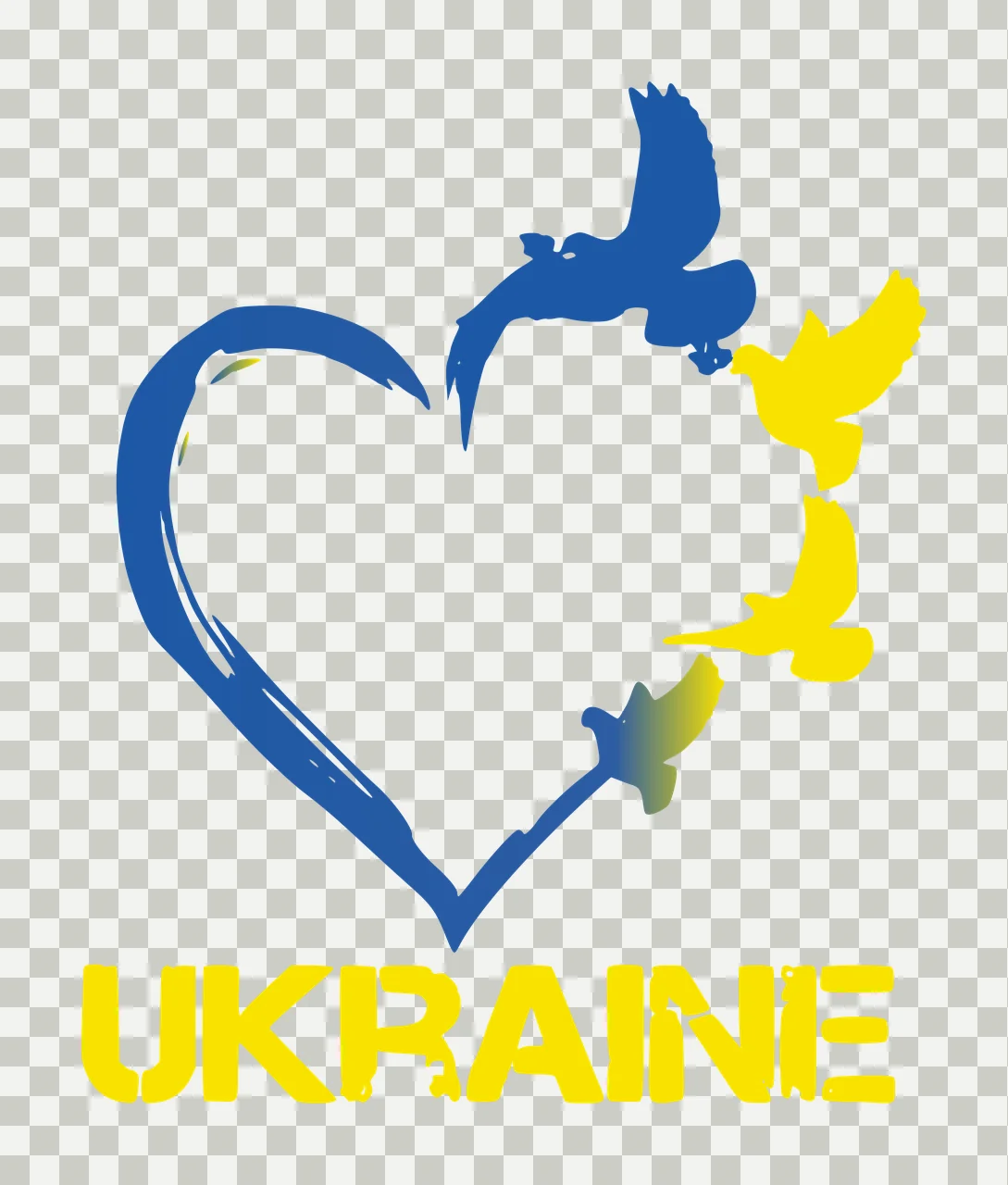 UKRAINE Typography Design with blue heart outline, three doves one blue two yellow and text 'UKRAINE' transparency and detail preview thumbnail