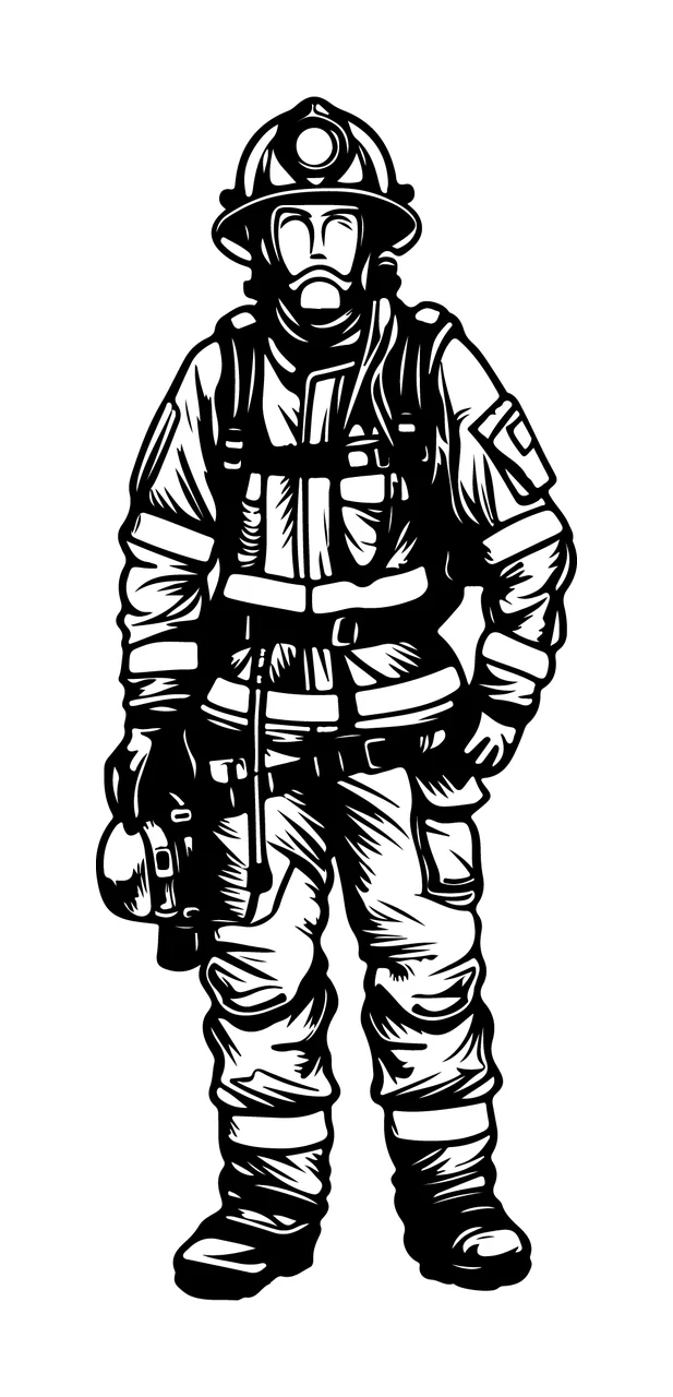 Firefighter Standing In Full Gear Uniform person helmet line drawing