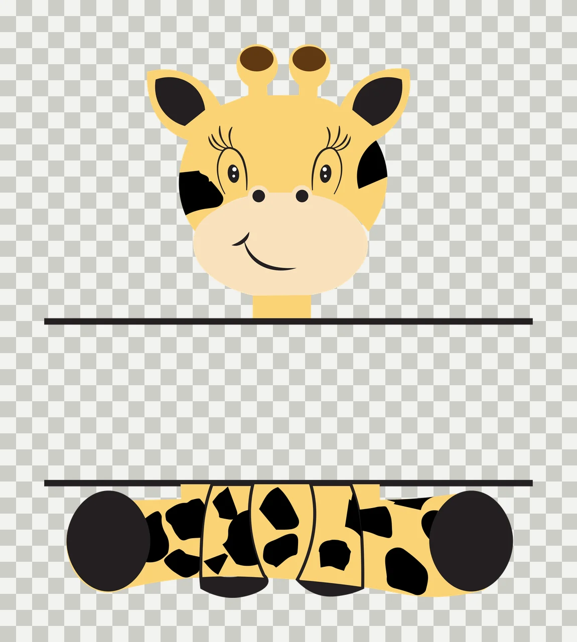 Cartoon giraffe head and spotted neck segment Illustration with giraffe head with eyelashes, black spots on yellow fur, two ossicones and smiling mouth in beige transparency and detail preview thumbnail