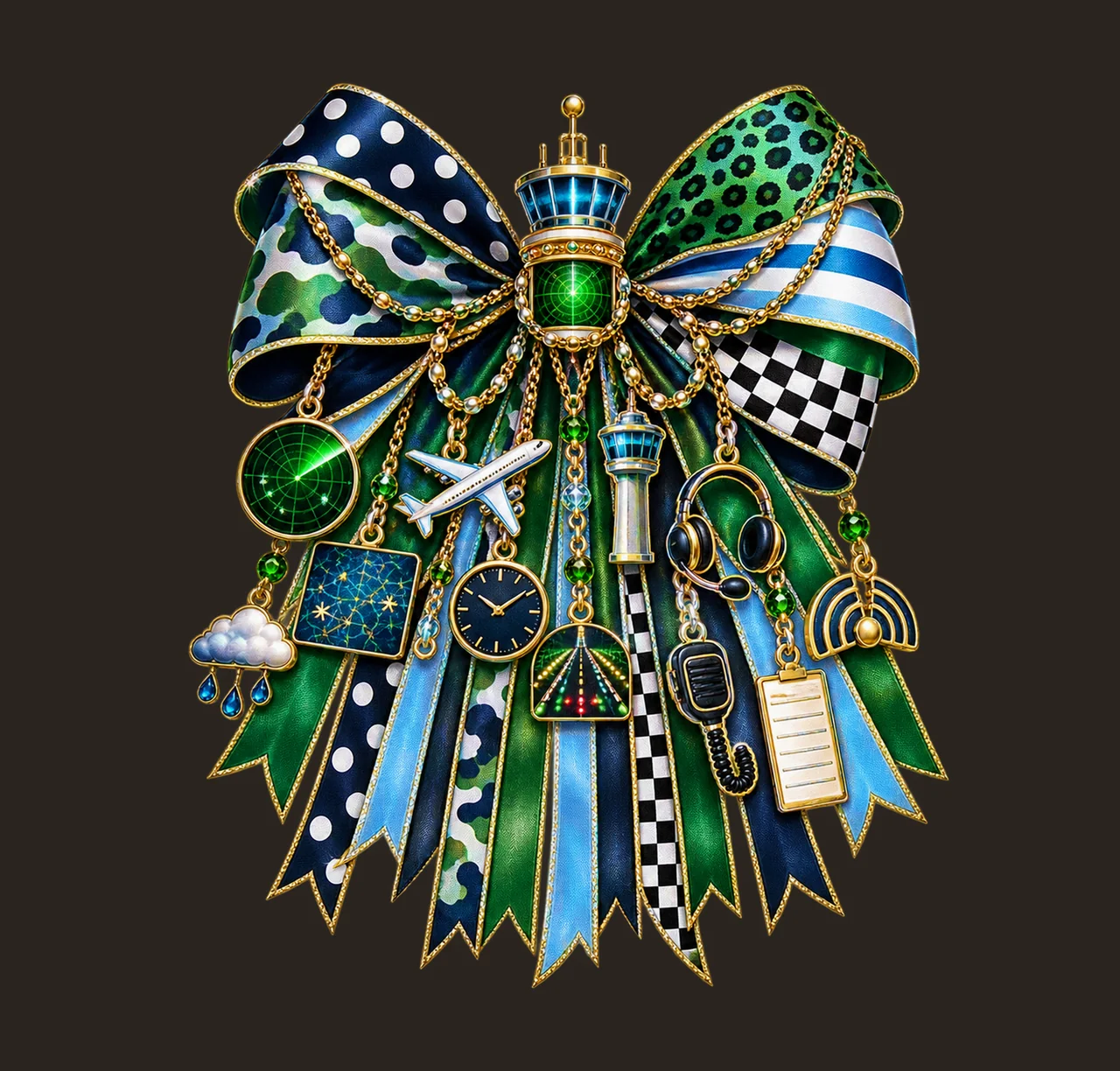 Air Traffic Controller Bow Charm PNG, Themed Gold Chain Charms, Coquette Ribbon Sublimation Design, Transparent Digital Download contrast preview thumbnail