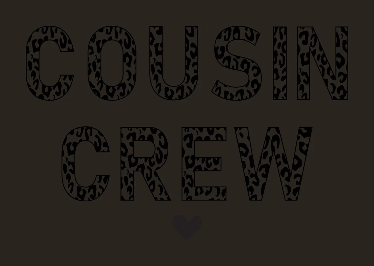 COUSIN CREW Typography Design with leopard print letters and black heart in white contrast preview thumbnail