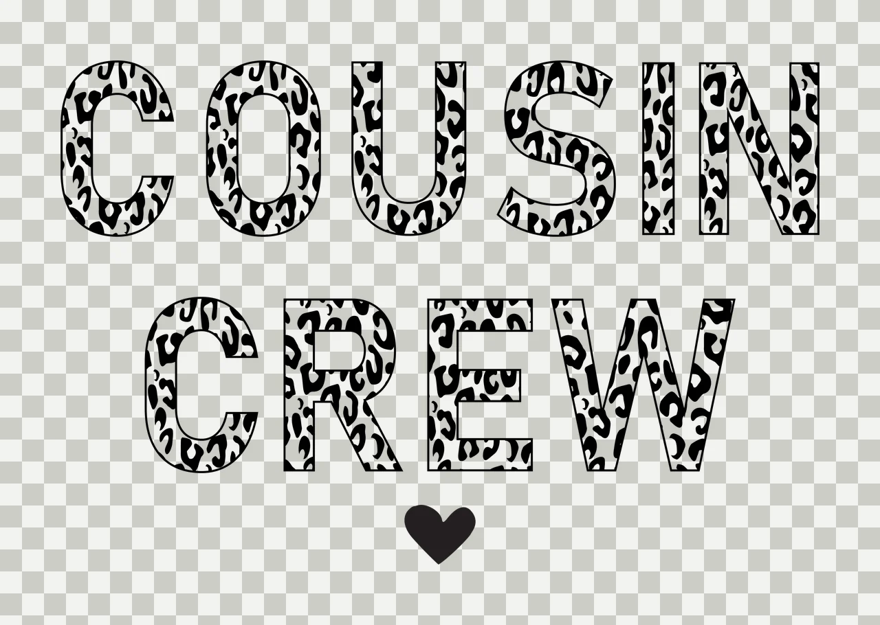 COUSIN CREW Typography Design with leopard print letters and black heart in white transparency and detail preview thumbnail