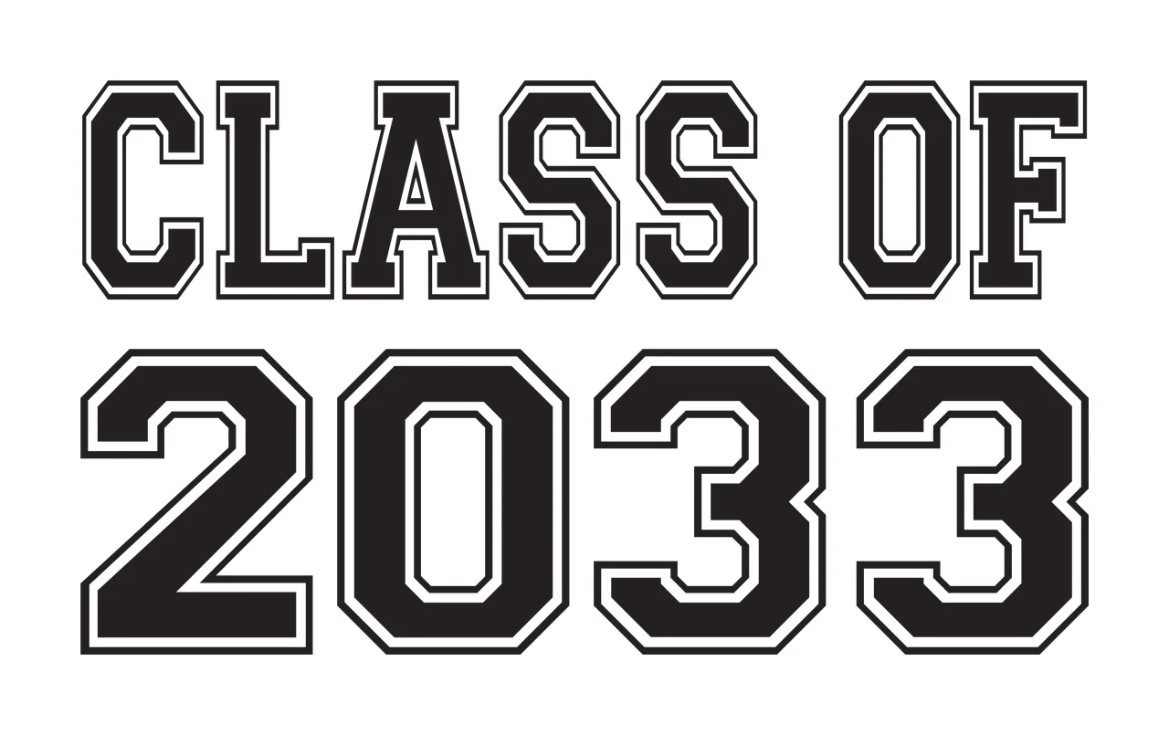 CLASS OF 2033 Typography Design with black block letters and white outline