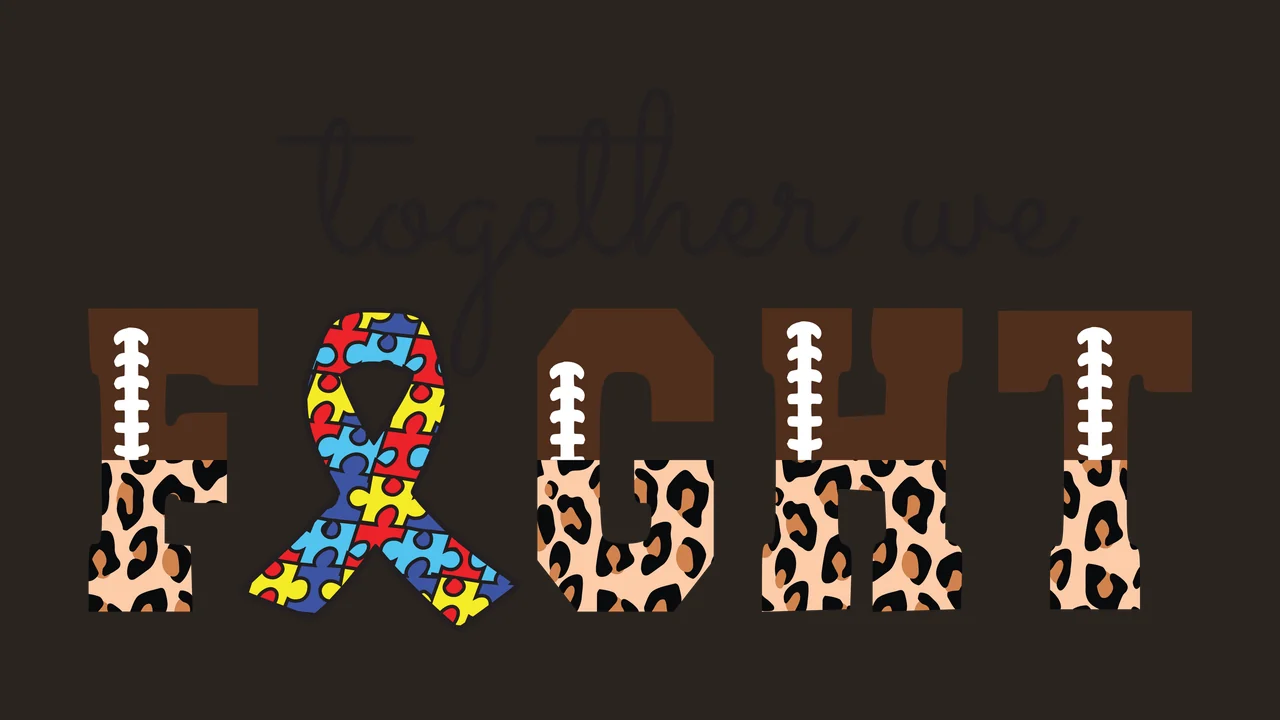 Together we FIGHT Awareness Typography Design with black cursive text 'together we', brown block letters 'FIGHT', autism awareness ribbon made of puzzle pieces and leopard print pattern on letter contrast preview thumbnail