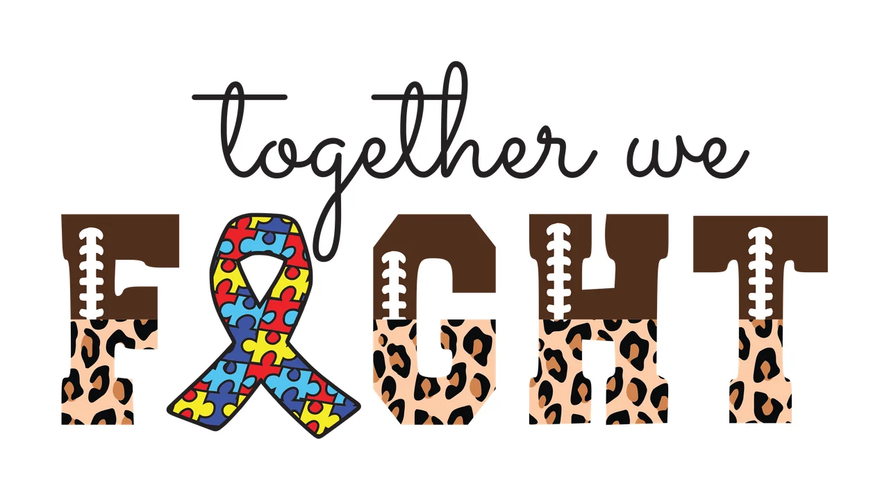 Together we FIGHT Awareness Typography Design with black cursive text 'together we', brown block letters 'FIGHT', autism awareness ribbon made of puzzle pieces and leopard print pattern on letter