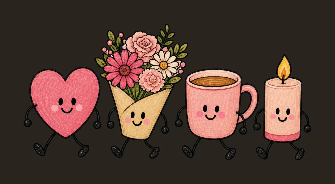 Personified Objects Walking With Heart And Flower Bouquet contrast preview thumbnail