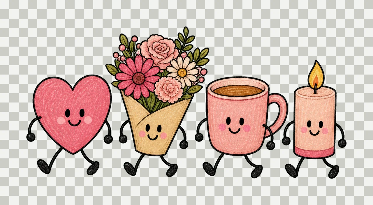 Personified Objects Walking With Heart And Flower Bouquet transparency and detail preview thumbnail