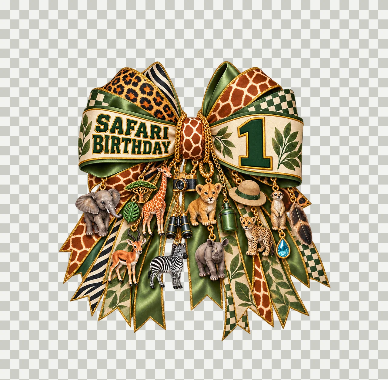 Safari Birthday 1 Bow Charm PNG, Jungle Animal Birthday Clipart, Transparent Sublimation Digital Download transparency and detail preview thumbnail