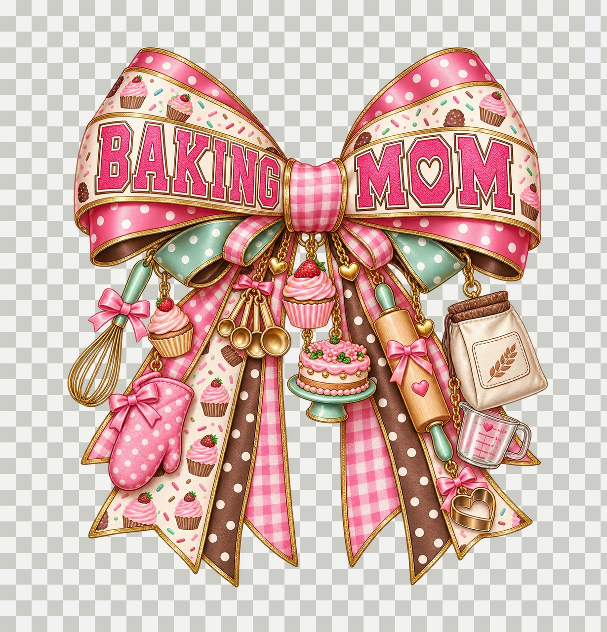 Baking Mom Bow Charm PNG, Patterned Varsity Mom Ribbon Clipart, Transparent Sublimation Digital Download transparency and detail preview thumbnail