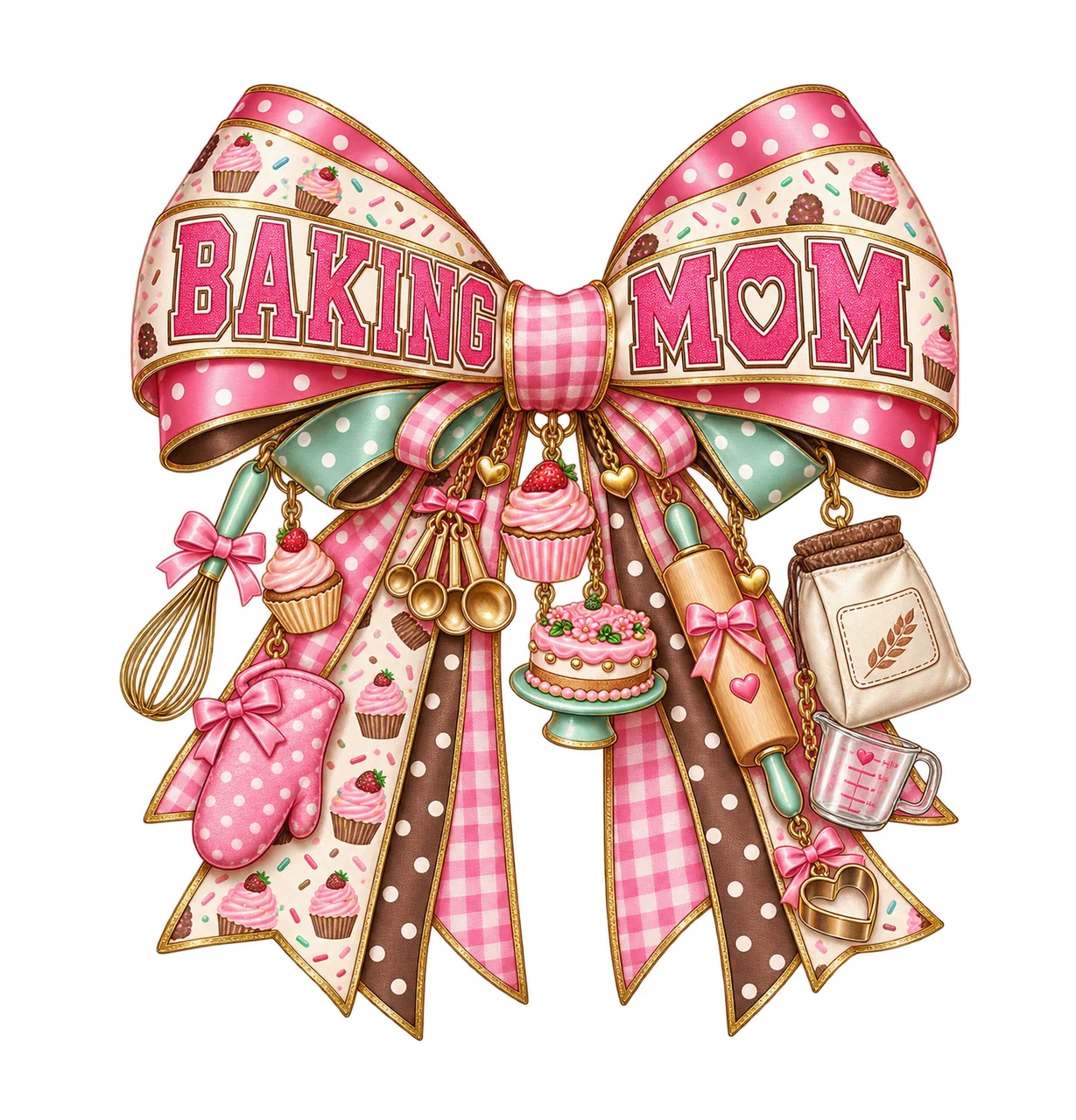 Baking Mom Bow Charm PNG, Patterned Varsity Mom Ribbon Clipart, Transparent Sublimation Digital Download