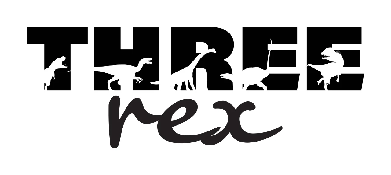 THREE rex dinosaur typography Design with dinosaur silhouettes, block lettering, cursive script and negative space in black and white