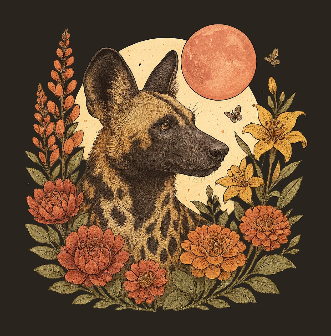 Dog Wild Nature Portrait With Flowers And Moon butterflies contrast preview thumbnail