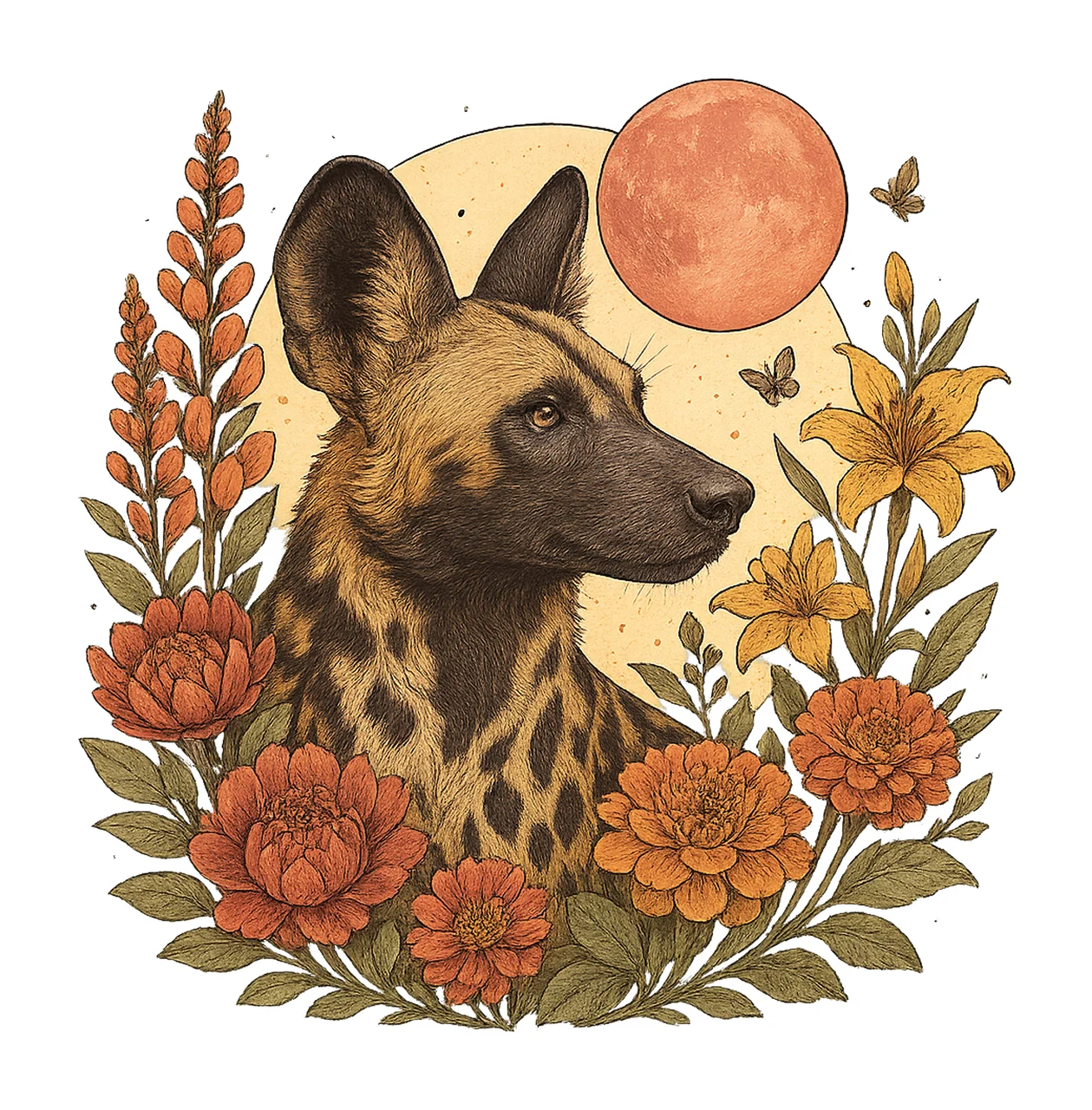 Dog Wild Nature Portrait With Flowers And Moon butterflies