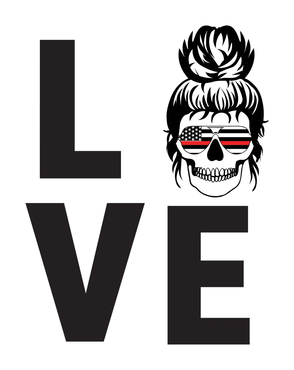 Love Text With Skull Illustration sunglasses hair bun black