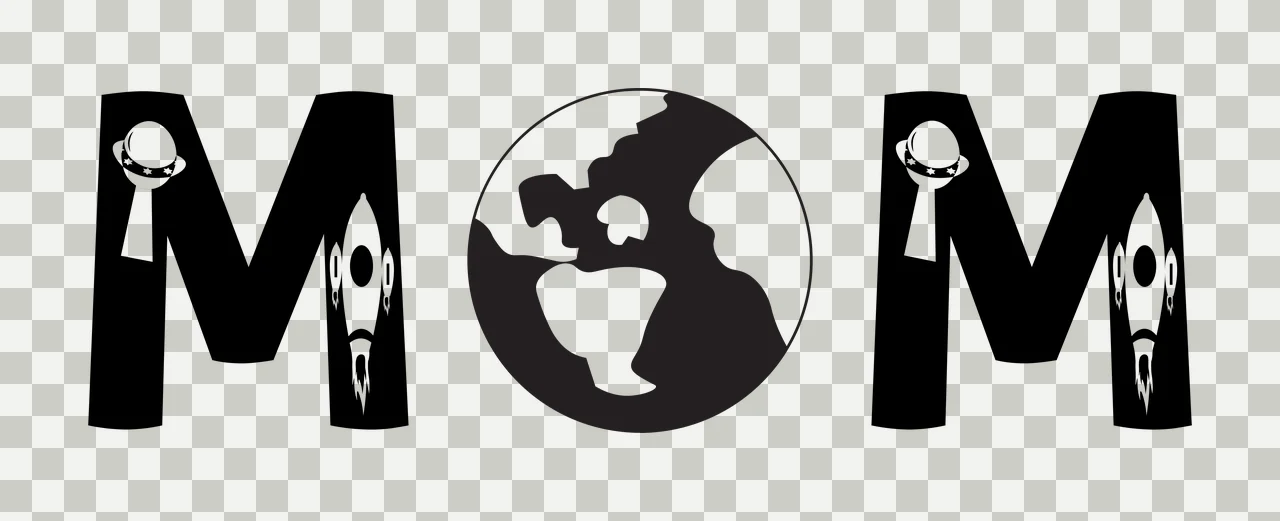 MOM Typography Design with letter M, globe, earth and rocket in black and white transparency and detail preview thumbnail