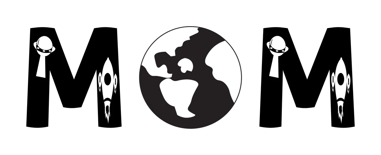 MOM Typography Design with letter M, globe, earth and rocket in black and white