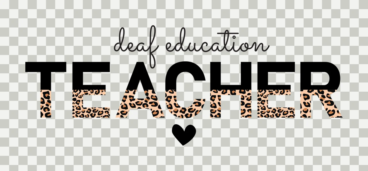 Deaf education TEACHER Typography Design with black cursive text 'deaf education', black block letters 'TEACHER', leopard print pattern filling the bottom half of 'TEACHER' letters and solid black transparency and detail preview thumbnail