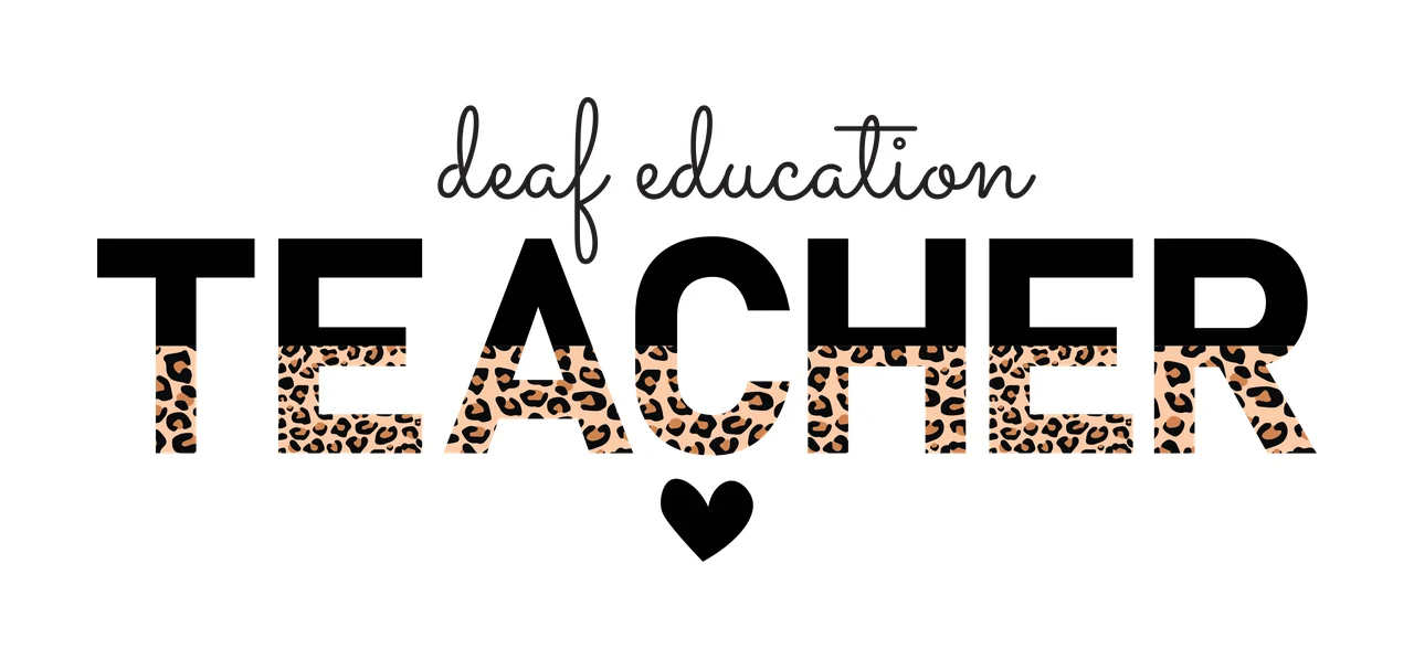 Deaf education TEACHER Typography Design with black cursive text 'deaf education', black block letters 'TEACHER', leopard print pattern filling the bottom half of 'TEACHER' letters and solid black