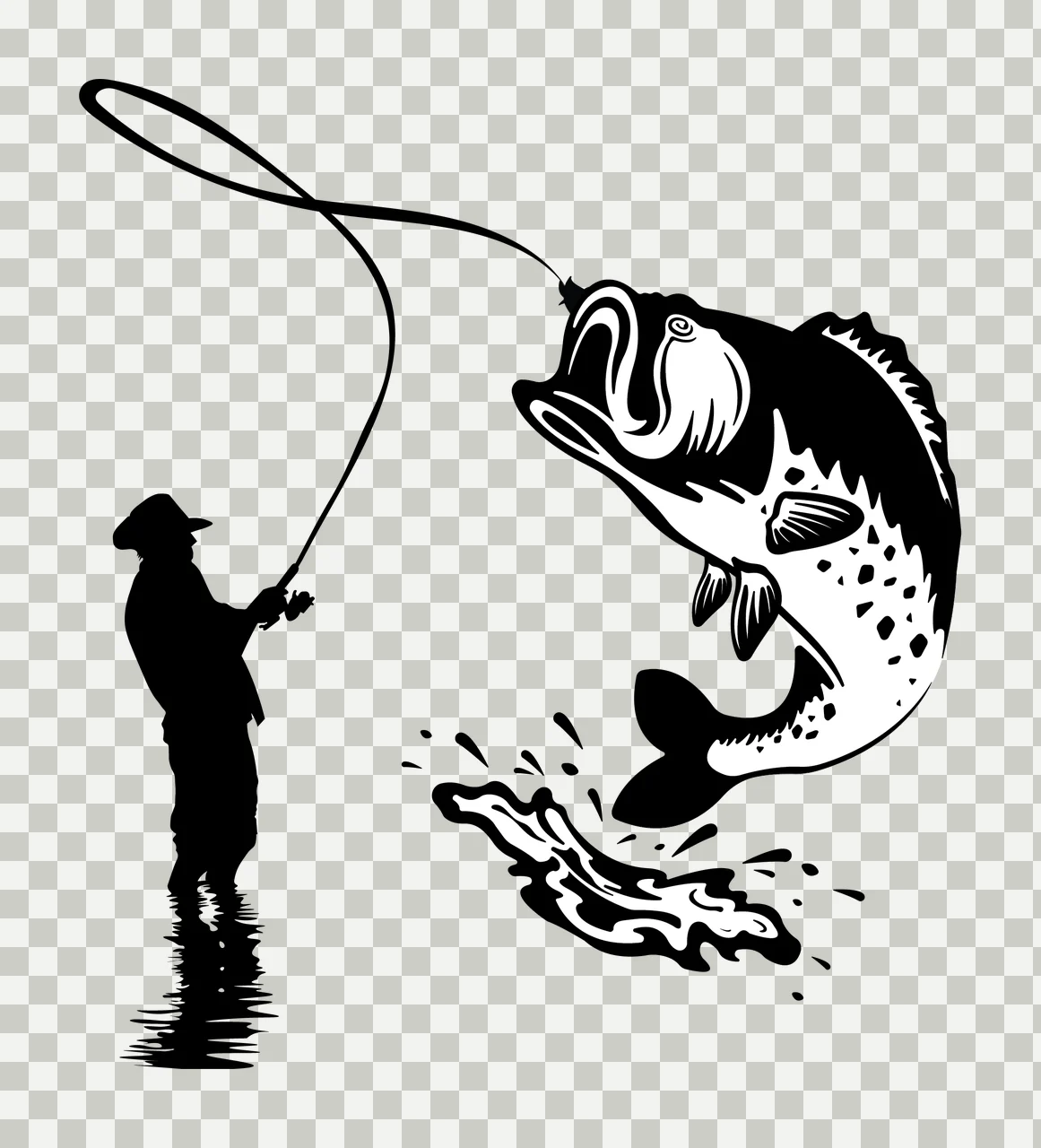 Fisherman Fish With Jumping Silhouette fishing person rod water transparency and detail preview thumbnail