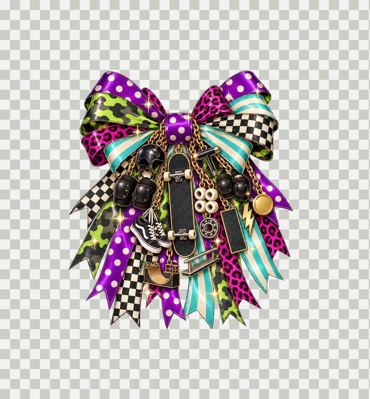 Skateboarding Lover Bow Charm PNG, Themed Gold Chain Charms, Coquette Ribbon Sublimation Design, Transparent Digital Download transparency and detail preview thumbnail