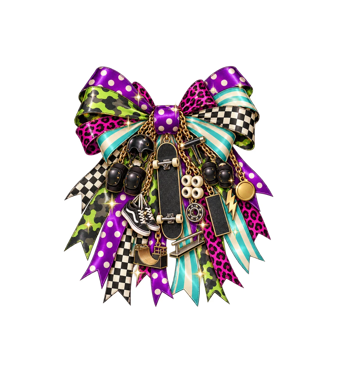 Skateboarding Lover Bow Charm PNG, Themed Gold Chain Charms, Coquette Ribbon Sublimation Design, Transparent Digital Download
