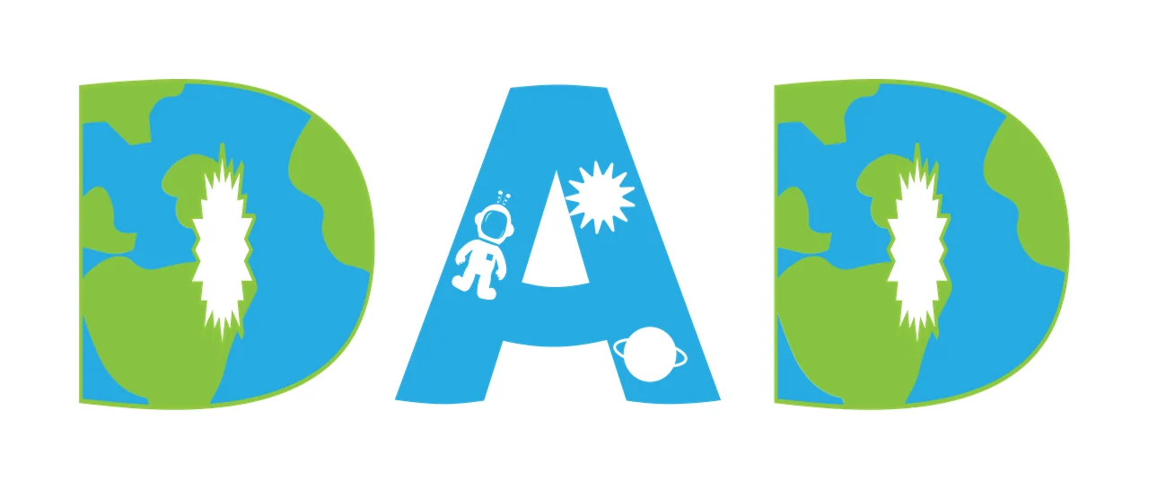 DAD Typography Design with DAD letters, Earth globe map, astronaut and sun in blue, green and white