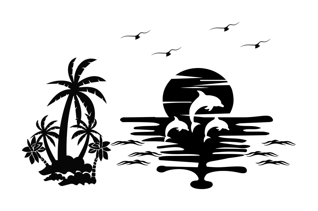Palm Tree Trees And Jumping Dolphins Sunset landscape scene