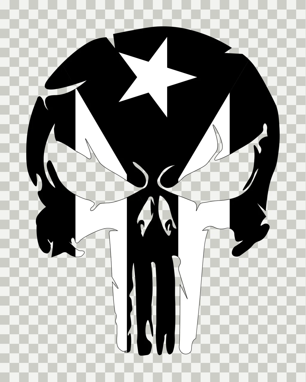 Stylized skull Illustration with five-pointed star, flag pattern, stripes and eye sockets in black and white transparency and detail preview thumbnail