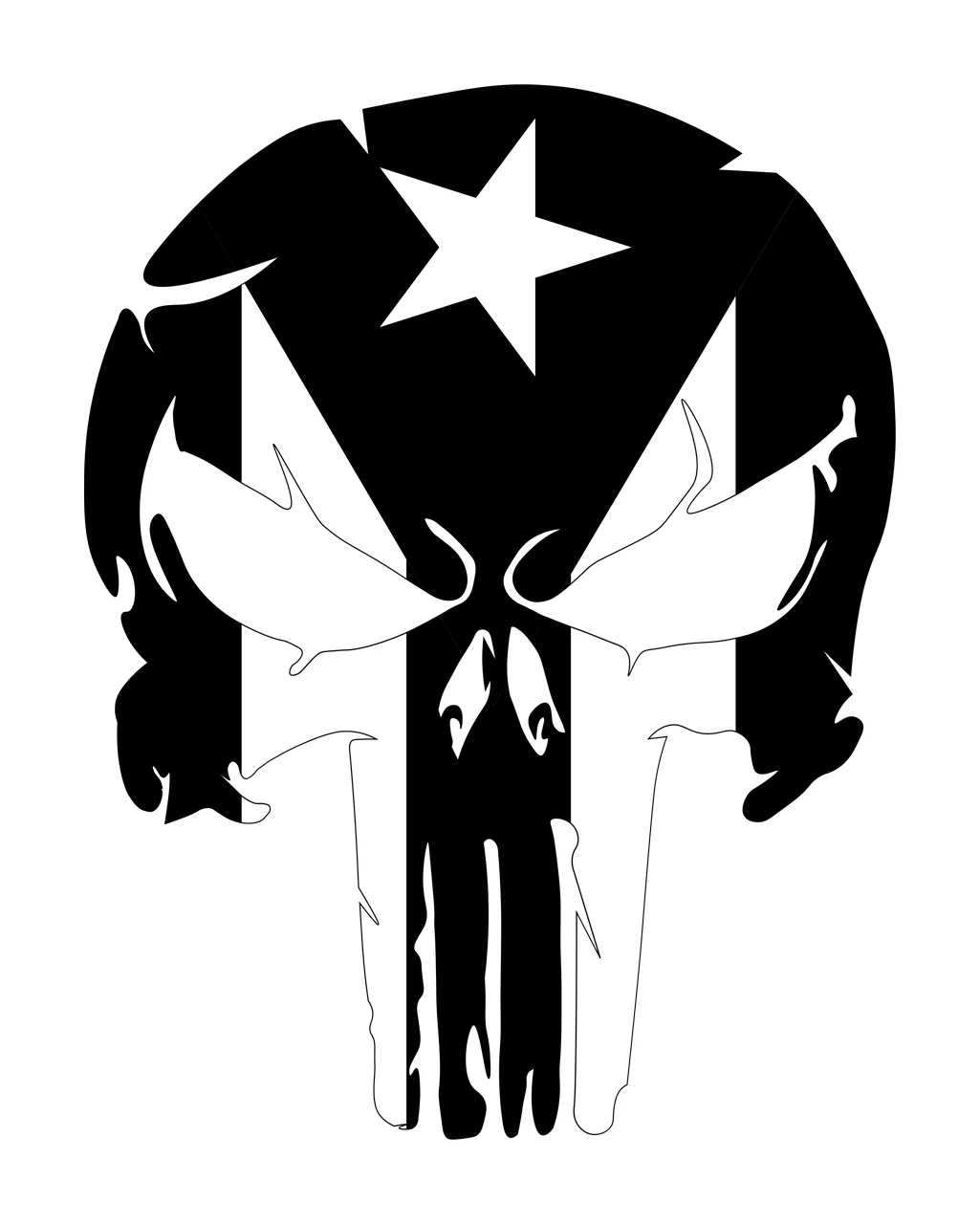 Stylized skull Illustration with five-pointed star, flag pattern, stripes and eye sockets in black and white